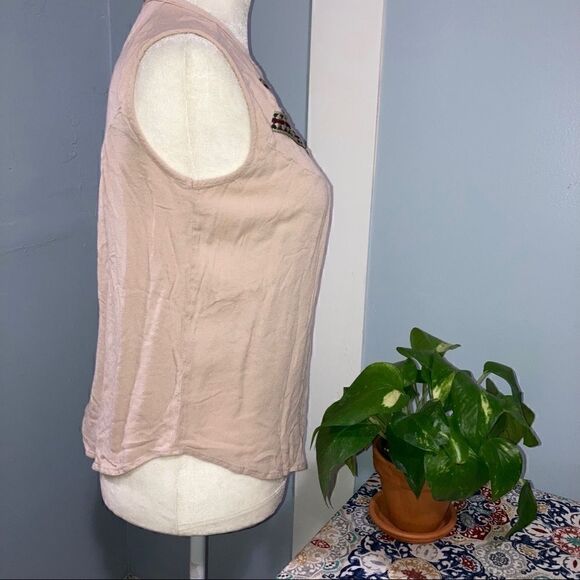 Elodie, Beige Bohemian Lightweight Tank, Boho Ribbon Accent, Rayon Juniors Large - Picture 3 of 10